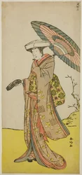 De acteur Nakayama Kojuro VI als Chinzei Hachiro Tametomo vermomd als Lady Hotoke (Hotoke Gozen) in het toneelstuk Yukimotsu Take Furisode Genji, opgevoerd in het Nakamura Theater in de Elfde Maand, 1785