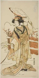 De actrice Yoshizawa Ayame IV als Yadorigi, de zus van Nikaido Shinanosuke, vermomd als Orie, de vrouw van Aoto Magosaburo, in deel twee van het toneelstuk Motomishi Yuki Sakae Hachi no Ki (Opkijken naar vallende sneeuw: bloeiende potbomen), opgevoerd in d