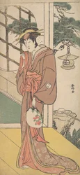 Arashi Ryuzo als een lange vrouw die op de Engawa staat, ca. 1789