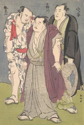 Drie sumoworstelaars: Onogawa, Seimiyama en Yatsugamine