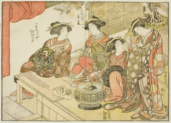 Vier courtisanes van verschillende huizen, uit het boek "Spiegel van mooie vrouwen van de plezierkwartieren (Seiro bijin awase sugata kagami)," deel 3