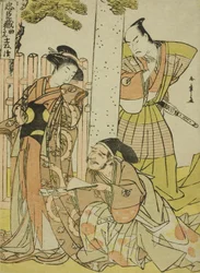 Scène bij het Tsurugaoka Hachiman-schrijn, uit Acte één van Chushingura (Schatkamer van de Zevenenveertig Loyale Retainers), uit de serie Chushingura Juichimai-Tsuzuki (Set van Elf Bladen die Chushingura Illustreren), c. late 1770s