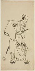 De acteur Arashi Otohachi I als Hotei Ichiemon in het stuk Ayatsuri Kabuki Ogi, uitgevoerd in het Nakamura Theater in de zevende maand, 1768