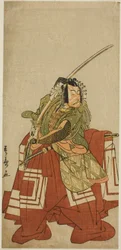 De acteur Ichikawa Danjuro V als Arakawa Taro in het stuk Date Nishiki Tsui no Yumitori, uitgevoerd in het Morita Theater in de elfde maand, 1778
