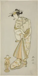 De acteur Ichikawa Danjuro V als de geest van monnik Seigen in de Shosagoto danssequentie "Sono Utsushi-e Matsu ni Kaede" (Een schaduwbeeld van den en esdoorn), de laatste scène van deel twee van het stuk Keisei Momiji no Uchikake (Courtisane in een over-k