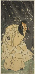 De acteur Ichimura Uzaemon IX als Kan Shojo in het stuk Sugawara Denju Tenarai Kagami, uitgevoerd in het Ichimura Theater in de achtste maand, 1768
