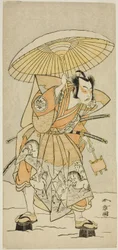 De acteur Nakamura Juzo II als Kajiwara Genta Kagetoki in het stuk Izu-goyomi Shibai no Ganjitsu, uitgevoerd in het Morita Theater in de elfde maand, 1772