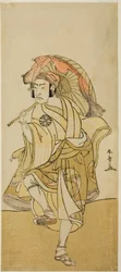 De acteur Nakamura Nakazo I als Onmaya Kisanda vermomd als de leeuwendans Kakubei in het stuk Chigo Torii Tobiiri Kitsune, uitgevoerd in het Ichimura Theater in de elfde maand, 1777