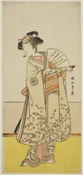 De acteur Nakamura Noshio I als Oiso no Tora (?) in het stuk Shida Yuzuriha Horai Soga (?), opgevoerd in het Morita Theater (?) in de eerste maand, 1775 (?)