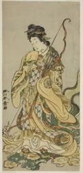De acteur Nakamura Noshio I als de godin Benzaiten van Enoshima in het stuk Onno Aruji Hatsuyuki no Sekai, uitgevoerd in het Morita Theater in de elfde maand, c.1773