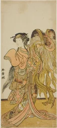 De acteur Nakamura Tomijuro I als de courtisane Toyama van Tsuruga in het stuk Keisei Tsuki no Miyako, uitgevoerd in het Morita Theater in de achtste maand, 1775