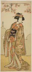 De acteur Osagawa Tsuneyo II als Onoe no Mae in het stuk Date Nishiki Tsui no Yumitori, uitgevoerd in het Morita Theater in de elfde maand, 1778
