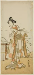De acteur Segawa Kikunojo III als Aigo no Waka in het stuk Chigo Sakura Jusan Kane, uitgevoerd in het Ichimura Theater in de elfde maand, 1774