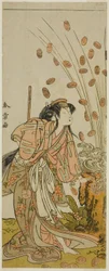 De acteur Segawa Kikunojo III als Hito-maru vermomd als de courtisane Chiyozaki, in het stuk Kuruwa no Hana Katsuragi no Kane, uitgevoerd in het Ichimura Theater in de derde maand, 1775
