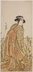 De acteur Segawa Kikunojo III als geest van een mandarijneend (Oshidori) vermomd als Tagasode, in het stuk Hana-zumo Genji Hiiki, uitgevoerd in het Nakamura Theater in de elfde maand, 1775