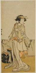 De Acteur Segawa Yujiro I als Osai, een Vrouwelijke Kapster, in het Toneelstuk Kamuri Kotoba Soga no Yukari, Opgevoerd in het Ichimura Theater in de Eerste Maand, 1776