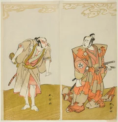 De acteurs Bando Mitsugoro I als Hata no Kawakatsu (rechts), en Otani Hiroemon III als de bediende (Yakko) Gansuke (links), in het stuk Miya-bashira Iwao no Butai (Heiligdompilaren op een stenen basis), uitgevoerd in het Morita Theater vanaf de vijftiende 