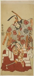De acteurs Ichikawa Danjuro V als Watanabe Kiou Takiguchi (onder), en Nakamura Nakazo I als Taira no Kiyomori (boven), in de "Shibaraku" scène uit het stuk Nue no Mori Ichiyo no Mato (Bos van het Nue Monster: Doel van de Elfde Maand), uitgevoerd in t
