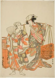 De acteurs Ichimura Uzaemon IX als een mannelijke vos vermomd als de sake-verkoper Iseya (links) en Nakamura Tomijuro I als een vrouwelijke vos vermomd als de beancake-verkoper Hyugaya, in de danssequentie "Myoto-zake Kawaranu Nakanaka" (Eeuwige harmonie v