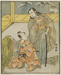 De acteurs Nakamura Denkuro II als Suma no Dairyo (rechts), en Ichikawa Komazo II als Ariwara no Yukihira (links), in het stuk Kuni no Hana Ono no Itsumoji, uitgevoerd in het Nakamura Theater in de elfde maand, 1771