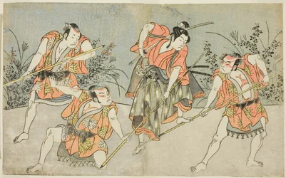 De acteurs Nakamura Kashiwagi als een Wakashu (tweede van rechts), en drie niet-geïdentificeerde acteurs als Yakko