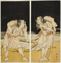 De Acteurs Nakamura Nakazo I als Omi no Kotoda (rechts), en Otani Hiroji III als Bamba no Chuda (links), in de Joruri "Sono Chidori Yowa no Kamisuki" (De Plevieren: Haar Kammen om Middernacht), uit Deel Twee van het Toneelstuk O-atsurae-zome Soga no Hinaga
