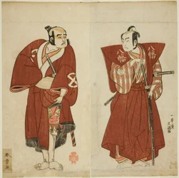 De acteurs Onoe Matsusuke I als Yawata no Saburo (rechts), en Otani Tomoemon I als de Yakko Emohei (links), in het stuk Myoto-giku Izu no Kisewata, uitgevoerd in het Ichimura Theater in de elfde maand, 1770