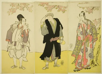 De acteurs Sawamura Sojuro III als Kusunoki Tatewaki Masatsura (rechts), Onoe Matsusuke I als de monnik Sahei Bozu (midden) en Ichikawa Yaozo III als de dienaar van de prins Kusunoki Uraminosuke (links), in het toneelstuk Kumoi no Hana Yoshino no Wakamusha