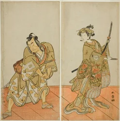 De acteurs Segawa Kikunojo III als Aigo no Waka (rechts), en Ichikawa Yaozo II als Hachio-maru Aratora (links), in het stuk Chigo Sakura Jusan Kane, uitgevoerd in het Ichimura Theater in de elfde maand, 1774