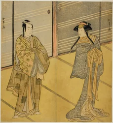 De Acteurs Segawa Kikunojo III als de Geest van Joro-gumo (Hoer Spin) Vermomd als de Maiko Tsumagiku (rechts), en Ichikawa Monnosuke II als Urabe no Suetake (links), in het Toneelstuk Shitenno Tonoi no Kisewata, Opgevoerd in het Nakamura Theater in de Elfd