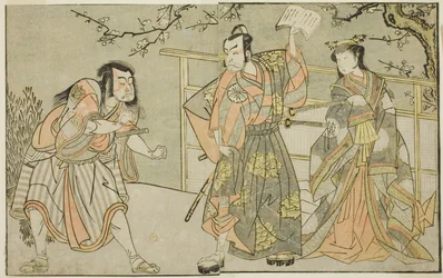 De Acteurs Yamashita Yaozo I als Ono no Komachi (rechts), Matsumoto Koshiro II als Godai Saburo (midden), en Ichikawa Danzo III als Otomo no Kuronushi (links), in het stuk "Kuni no Hana Ono no Itsumoji," opgevoerd in het Nakamura Theater in de elfde maand