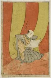 De Aankondiging, pagina uit "Een Prentenboek van Toneelwaaiers (Ehon butai ogi)"