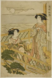 Twee courtisanes op een balkon bij maanlicht in een plezierhuis in Shinagawa, uit de serie "Nan