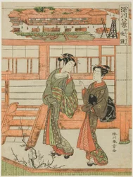 Yagurashita no Bansho (Avondklok bij Yagurashita), courtisane en haar bediende in het Yagurashita onvergunde plezierdistrict in Fukagawa, uit de serie "Fukagawa Hakkei (Acht Zichten van Fukagawa)"