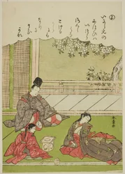 "Yo": Een Man Ontmoet een Voormalige Geliefde, nu Dienend in een Provinciaal Huishouden, uit de serie Verhalen van Ise in Modieuze Brokaatafbeeldingen (Furyu nishiki-e Ise monogatari)