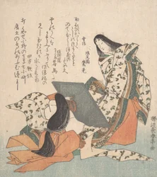 Ono-no-Komachi die naar haar reflectie kijkt
