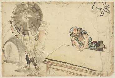 Mochi-maker en een tatami-maker (twee schetsen), ca. 1815-1849