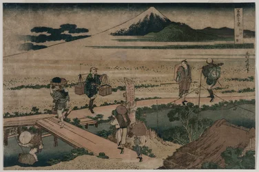 Een Uitzicht op de Berg Fuji en Reizigers bij een Brug