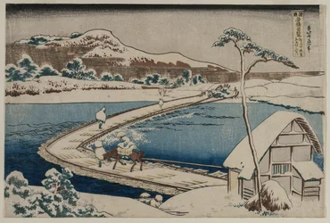 Een oude afbeelding van de Bootbrug bij Sano in de provincie Kozuke..., vroege 1830s