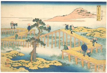 Oude afbeelding van Yatsuhashi in de provincie Mikawa (Mikawa no Yatsuhashi no kozu), uit de serie „Opmerkelijke uitzichten op bruggen in verschillende provincies“ (Shokoku meikyō kiran)