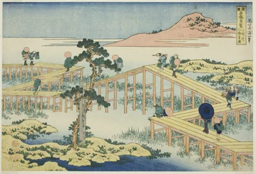 Oud uitzicht op de Acht-planken Brug in de provincie Mikawa, uit de serie "Ongewone Uitzichten van Beroemde Bruggen in Verschillende Provincies"