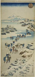 Oversteek van het bevroren Suwa-meer in de provincie Shinano