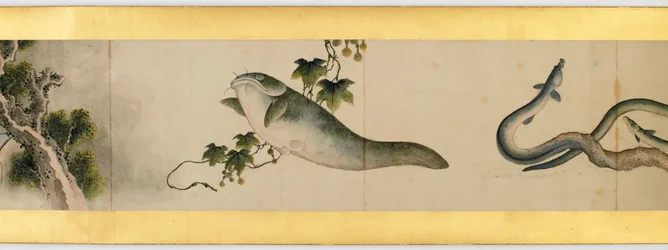 Handrol met diverse afbeeldingen, Edo-periode, 1839 inkt en kleur op papier (detail)