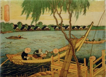 Vissen met lange hengel in de rivier Miyato