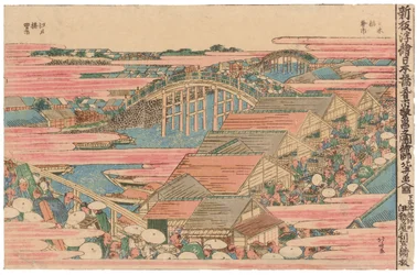 Vismarkt bij de rivier in Edo bij de Nihonbashi-brug