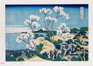 Fuji vanaf Gotenyama bij Shinagawa aan de Tōkaidō, uit de serie „De zesendertig gezichten op de berg Fuji“