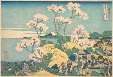 Fuji gezien vanaf Gotenyama aan de Tōkaidō bij Shinagawa (Tōkaidō Shinagawa Gotenyama no Fuji), uit de serie Zesendertig gezichten op de berg Fuji (Fugaku sanjūrokkei)