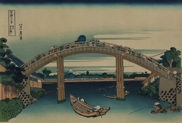 Fuji gezien door de Mannenbrug in Fukagawa, Edo