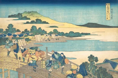 Fukui-brug in de provincie Echizen, uit de serie Opmerkelijke, ca. 1830