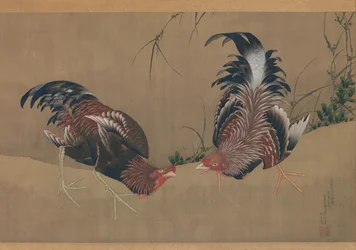 Vechtende hanen, gedateerd 1838